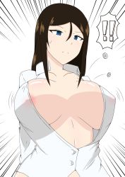 Rule 34 | !, !!, 10s, 1girl, areola slip, black hair, blue eyes, blush, breasts, girls und panzer, highres, large breasts, motion lines, nipples, no bra, nonna (girls und panzer), simple background, solo, standing, sweatdrop, wardrobe malfunction, white background