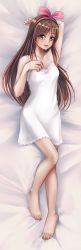 Rule 34 | 1girl, absurdres, aira (qwedcxza49), bare legs, barefoot, brown hair, collarbone, dress, from above, green eyes, hairband, highres, kizuna ai, kizuna ai inc., long hair, looking at viewer, lying, multicolored hair, on back, open mouth, pink hair, pink hairband, short dress, sleeveless, sleeveless dress, solo, straight hair, two-tone hair, very long hair, virtual youtuber, white dress