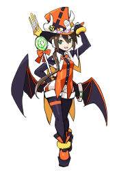 Rule 34 | 1girl, adjusting clothes, adjusting headwear, aile (mega man zx), arm behind back, bodystocking, bow, bowtie, bracelet, brown hair, demon wings, fang, full body, gloves, green eyes, hair between eyes, hair over shoulder, halloween, hat, highres, horns, jewelry, mega man (series), mega man x (series), mega man x dive, mega man zx, mega man zx advent, open mouth, pantyhose, pantyhose under shorts, polearm, ponytail, robot ears, shigehiro (hiroi heya), shorts, sketch, smile, solo, standing, top hat, trident, weapon, wings