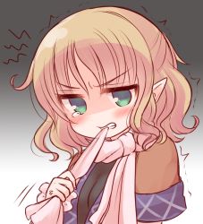 Rule 34 | 1girl, anger vein, bad id, bad pixiv id, biting, biting clothes, blonde hair, blush, clenched teeth, gradient background, green eyes, half updo, jealous, mashiro miru, mizuhashi parsee, mouth hold, pointy ears, ribbon, ribbon in mouth, scarf, short sleeves, solo, squiggle, tears, teeth, touhou, trembling, upper body, wavy hair