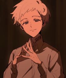 Rule 34 | 1boy, blurry, blurry background, fingers together, grey eyes, highres, long sleeves, looking at viewer, male focus, neck tattoo, norman (yakusoku no neverland), number tattoo, shadow, shirt, smile, solo, tattoo, white hair, white shirt, yakusoku no neverland