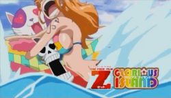 Rule 34 | 1boy, 1girl, animated, animated gif, bikini, breast press, breasts, brook (one piece), covered erect nipples, long hair, nami (one piece), nipples, one piece, one piece special: glorious island, orange hair, original, pool, scared, swimsuit, water, wet