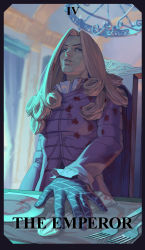 Rule 34 | 1boy, absurdres, blonde hair, blood, blood on clothes, blue eyes, blue light, chandelier, curly hair, curtains, fork, formal, frilled shirt collar, frills, funny valentine, gloves, gunshot wound, hand on table, high ceiling, high collar, highres, indoors, injury, jacket, jojo no kimyou na bouken, long hair, looking down, napkin, nezumi (tuboshu2013), numbered, parted hair, parted lips, placemat, plate, print gloves, roman numeral, sitting, solo, steel ball run, table, tarot, tarot (medium), the emperor (tarot), thick eyebrows, v-shaped eyebrows