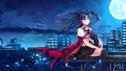Rule 34 | 1girl, adapted costume, black hair, blue eyes, building, fate/stay night, fate (series), full moon, highres, jewelry, l.bou, md5 mismatch, moon, necklace, night, night sky, puffy sleeves, sky, solo, thighhighs, tohsaka rin, two side up