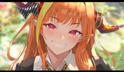 Rule 34 | 1girl, black jacket, blonde hair, blurry, blurry background, blush, bow, chain, closed mouth, collared shirt, commentary, day, diagonal-striped bow, dragon horns, eyelashes, fang, grin, highres, hololive, horn bow, horn ornament, horns, jacket, kakage, kiryu coco, kiryu coco (1st costume), letterboxed, light particles, long hair, looking at viewer, multicolored hair, orange hair, outdoors, pointy ears, portrait, red eyes, shirt, smile, solo, streaked hair, sunlight, teeth, two-tone hair, virtual youtuber, white shirt, wing collar