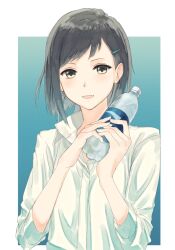 Rule 34 | 1girl, black hair, bottle, brown eyes, bullfalk, collared shirt, dress shirt, hair ornament, hairclip, holding, holding bottle, looking at viewer, open mouth, original, shirt, simple background, sleeves past elbows, smile, solo, water bottle, white shirt