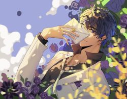 Rule 34 | 1boy, black shirt, blue sky, cloud, cloudy sky, flower, highres, holding, jacket, looking at viewer, mail, marius von hagen (tears of themis), mi zhang, outdoors, polo shirt, purple eyes, purple flower, purple hair, purple rose, rose, shirt, sky, smile, solo, tears of themis, white jacket