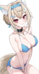 Rule 34 | 1girl, animal ear fluff, animal ears, bandaid, bandaid hair ornament, belt collar, bikini, black collar, blonde hair, blue bikini, blue hair, blush, breasts, cleavage, collar, dog ears, dog girl, dog tail, fuwawa abyssgard, hair ornament, hairpin, highres, hololive, hololive english, large breasts, looking at viewer, pink eyes, rifufu, short hair, smile, solo, swimsuit, tail, virtual youtuber, white background