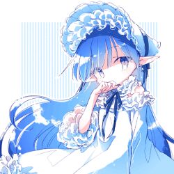 Rule 34 | 1girl, bare shoulders, blue background, blue eyes, blue hair, blue ribbon, blue theme, bonnet, border, choker, commentary request, covering own mouth, cowboy shot, dated commentary, detached sleeves, dress, frilled choker, frilled dress, frilled skirt, frills, hand over own mouth, hand up, limited palette, long hair, looking at viewer, neck ribbon, original, pointy ears, rakuni, ribbon, skirt, slit pupils, solo, strapless, strapless dress, striped, striped background, very long hair, white border, white dress, white headwear, wide sleeves