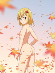 Rule 34 | 1girl, aki shizuha, arched back, ass, autumn leaves, blonde hair, cato (monocatienus), commentary, expressionless, flat chest, from side, hair ornament, hairclip, leaf hair ornament, looking at viewer, medium hair, nude, solo, touhou, yellow eyes