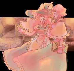Rule 34 | 2girls, alice margatroid, braid, female focus, fingerless gloves, from side, gioha, gloves, kirisame marisa, lowres, multiple girls, pink theme, pointing, touhou