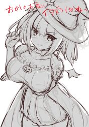 Rule 34 | 1girl, absurdres, belorta (nikke), blush, bow, bowtie, breasts, cleavage, closed mouth, dress, frilled dress, frills, goddess of victory: nikke, greyscale, halloween, halloween costume, hat, highres, kurono suzuran, large breasts, looking at viewer, medium hair, monochrome, sketch, smile, solo, witch, witch hat