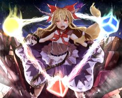 Rule 34 | 1girl, belt, blonde hair, bow, broken ground, chain, cuffs, female focus, hair bow, highres, horn ornament, horn ribbon, horns, ibuki suika, koga rejini, long hair, looking at viewer, night, open mouth, outstretched arms, red eyes, ribbon, shackles, shirt, skirt, sky, sleeveless, sleeveless shirt, smile, solo, star (sky), starry sky, touhou, very long hair, weights