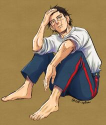 Rule 34 | 1boy, barefoot, birthday, collared shirt, expressionless, facial scar, full body, gk cofun, golden kamuy, hand in own hair, highres, looking at viewer, male focus, no headwear, official style, pants, scar, scar on cheek, scar on face, scar on nose, shirt, short hair, sitting, solo, sugimoto saichi, sweat, very sweaty