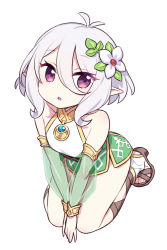 Rule 34 | 1girl, antenna hair, breasts, chan co, cross-laced footwear, detached sleeves, dress, flower, from above, full body, hair between eyes, hair flower, hair ornament, kneeling, kokkoro (princess connect!), own hands together, parted lips, pointy ears, princess connect!, princess connect!, purple eyes, see-through, short dress, short hair, sidelocks, silver hair, simple background, small breasts, solo, white background