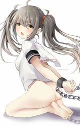 Rule 34 | 1girl, absurdres, ahoge, arms behind back, artist name, ass, barefoot, bdsm, blush, bondage, bottomless, bound, breasts, chain, chained, commentary request, cuffs, from behind, grey hair, hair ornament, highres, long hair, looking at viewer, looking back, open mouth, original, restrained, seiza, shackles, shirt, short sleeves, sitting, small breasts, soles, solo, striped, sukuemon, tearing up, twintails, white background, white shirt, yellow eyes