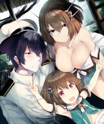 Rule 34 | 10s, 1boy, 2girls, admiral (kancolle), black gloves, blue eyes, blush, breasts, brown hair, child, commentary, gloves, hair ornament, hat, headgear, hews, if they mated, kantai collection, large breasts, maya (kancolle), military, military uniform, multiple girls, naval uniform, remodel (kantai collection), school uniform, serafuku, short hair, smile, uniform, v, aged down