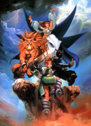 Rule 34 | 1990s (style), 2boys, 2girls, animal ears, armor, armored dress, armpits, beard, beret, brown hair, capcom, cat ears, dai-chan, detached sleeves, facial hair, furry, furry male, greaves, hat, leo (warzard), lion, mane, mask, monster boy, mukuro, multiple boys, multiple girls, muscular, ninja, official art, oil painting (medium), painting (medium), red hair, retro artstyle, scan, snout, spikes, standing, standing on one leg, sword, tabasa, tao (warzard), traditional media, warzard, weapon, witch, witch hat