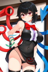 Rule 34 | 1girl, adapted costume, ahoge, asymmetrical wings, black hair, black thighhighs, blush, bow, bowtie, breasts, center frills, covered navel, crossed bangs, daichi (tokoya), frills, grin, hair between eyes, highres, houjuu nue, indoors, large breasts, lifting own clothes, looking at viewer, medium hair, panties, pointy ears, red bow, red bowtie, red eyes, sideboob, smile, snake, solo, thighhighs, touhou, underwear, wings