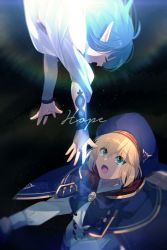 Rule 34 | 2girls, artoria caster (fate), artoria caster (second ascension) (fate), artoria pendragon (fate), beret, black gloves, blonde hair, blue cape, blue hair, blue headwear, breasts, buttons, cape, closed eyes, commentary, double-breasted, dress, echo (circa), english text, fairy, fate/grand order, fate (series), gloves, green eyes, hat, hood, hooded cape, hope (fate), long hair, long sleeves, multicolored cape, multicolored clothes, multiple girls, open mouth, pointy ears, red cape, short hair, small breasts, smile, twintails, white dress