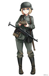 Rule 34 | 1girl, absurdres, bad id, bad pixiv id, black footwear, blonde hair, blue eyes, boots, collared jacket, commentary request, commission, grey headwear, grey jacket, grey pants, gun, hair between eyes, helmet, highres, holding, jacket, knee boots, long sleeves, looking at viewer, military, military vehicle, motor vehicle, mp40, ndtwofives, original, pants, panzer iv, panzer iv, parted lips, simple background, solo, submachine gun, tank, twitter username, weapon, white background