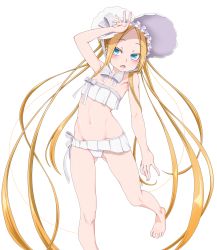 Rule 34 | 1girl, abigail williams (fate), abigail williams (swimsuit foreigner) (fate), abigail williams (swimsuit foreigner) (third ascension) (fate), barefoot, bikini, blonde hair, blue eyes, blush, bonnet, bound, fate/grand order, fate (series), flat chest, gluteal fold, highres, long hair, navel, open mouth, parted bangs, senbei (avocadochaya), simple background, swimsuit, very long hair, white background, white bikini