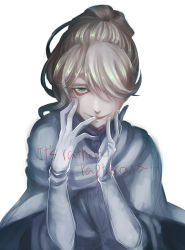 Rule 34 | 1girl, bloodborne, gloves, hair over one eye, iosefka, looking at viewer, murai shinobu, ponytail, silver hair, simple background, smile, solo, yandere trance