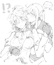 Rule 34 | !?, 2girls, aquila (kancolle), armpit cutout, blush, breasts, capelet, closed mouth, clothing cutout, collared shirt, commentary request, cropped torso, gloves, graf zeppelin (kancolle), greyscale, hair between eyes, hair ornament, hair tie, hairclip, half-closed eyes, hand on another&#039;s hip, high ponytail, holding hands, kantai collection, kurozu (hckr 96), long hair, long sleeves, monochrome, multiple girls, neck ribbon, necktie, ponytail, puffy long sleeves, puffy sleeves, ribbon, shirt, sidelocks, simple background, speech bubble, surprised, sweat, twintails, upper body, wavy hair, white background