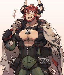 Rule 34 | 1boy, abs, absurdres, animal ears, arknights, bara, beard, blush, bodysuit, bulge, cow boy, cow ears, cow horns, dog tags, facial hair, feet out of frame, framed crotch, graysheartart, green bodysuit, highres, horns, humus (arknights), large pectorals, laughing, looking at viewer, male focus, mature male, multicolored hair, muscular, muscular male, one eye closed, pectorals, pointing, pointing at self, red hair, short hair, smile, solo, streaked hair, thick eyebrows, thighs