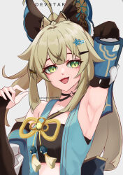 Rule 34 | 1girl, :d, absurdres, arm up, armpits, bare shoulders, black bow, blonde hair, bow, commentary request, crop top, detached sleeves, devstar, genshin impact, green eyes, grey background, hair bow, highres, kirara (genshin impact), long hair, looking at viewer, midriff, open mouth, simple background, smile, solo, upper body, very long hair