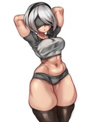 Rule 34 | 1girl, arms behind head, arms up, black blindfold, black hairband, black thighhighs, blindfold, casual, covered eyes, crop top, hairband, highres, kelvin hiu, micro shorts, navel, nier (series), nier:automata, no mole, short hair, shorts, silver hair, simple background, skindentation, solo, stomach, thick thighs, thighhighs, thighs, white background, wide hips, 2b (nier:automata)