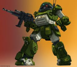 Rule 34 | camera, clenched hand, commentary, gradient background, gun, holding, holding gun, holding weapon, looking up, mecha, no humans, rifle, robot, scopedog, solo, soukou kihei votoms, standing, weapon, yamada yuuji