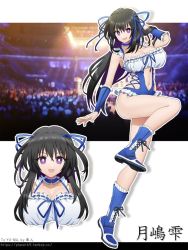 Rule 34 | 1girl, :d, bare shoulders, black hair, blue footwear, boots, bow, breasts, cleavage, commission, frills, full body, hair bow, hair ornament, hayato il, large breasts, long hair, looking at viewer, multiple views, navel, one-piece swimsuit, open mouth, original, purple eyes, singlet, skeb commission, smile, swimsuit, wrestling outfit