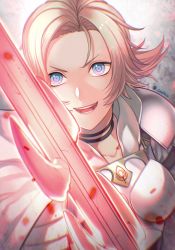 Rule 34 | 1girl,  saoas, armor, blonde hair, blood, blue eyes, breastplate, capelet, catherine (fire emblem), fire emblem, fire emblem: three houses, glowing, glowing weapon, grin, heroes relic (fire emblem), highres, nintendo, ponytail, short hair, smile, sword, teeth, thunderbrand (weapon), upper body, weapon