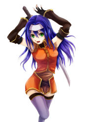 Rule 34 | 1girl, :d, ahoge, armpits, arms up, bare shoulders, belt, black gloves, blue hair, detached sleeves, elbow gloves, fingerless gloves, fire emblem, fire emblem: path of radiance, fire emblem: radiant dawn, gloves, green eyes, hairband, headband, long hair, mia (fire emblem), nintendo, open mouth, purple thighhighs, simple background, smile, solo, sword, thighhighs, weapon, white background, yozu (yozu0420)