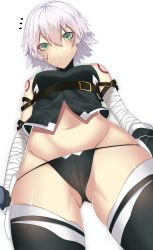 Rule 34 | 1girl, :&lt;, ^^^, absurdres, arm strap, arms at sides, bandaged arm, bandages, bare shoulders, belt, belt buckle, black gloves, black panties, black thighhighs, breasts, buckle, cameltoe, cowboy shot, dagger, facial scar, fate/apocrypha, fate (series), gloves, gluteal fold, green eyes, groin, hair between eyes, highres, hip focus, holding, holding sword, holding weapon, jack the ripper (fate/apocrypha), knife, legs apart, looking at viewer, looking down, medium breasts, midriff, navel, onineko-chan, panties, scar, scar across eye, scar on cheek, scar on face, short hair, silver hair, simple background, small breasts, solo, standing, stomach, sword, thighhighs, turtleneck, underwear, weapon, white background