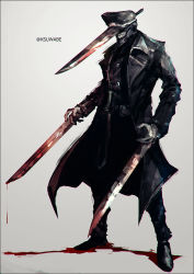 Rule 34 | 1boy, black coat, black footwear, black hat, black jacket, black shirt, blade, blood, blood drip, blood on hands, bloody weapon, blouse, chainsaw man, clenched teeth, coat, collared jacket, full body, hat, hybrid, jacket, k-suwabe, katana man (chainsaw man), long coat, long sleeves, looking to the side, male focus, monster boy, sharp teeth, shirt, smoke, solo, standing, sword, teeth, twitter username, weapon, white background