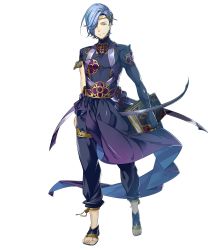 Rule 34 | 1boy, blue hair, book, circlet, fire emblem, fire emblem fates, fire emblem heroes, full body, hair over one eye, highres, jewelry, male focus, necklace, nintendo, official art, sandals, shigure (fire emblem), solo, standing, transparent background, yellow eyes