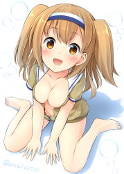 Rule 34 | 10s, 1girl, ariel23795, arm support, barefoot, blush, breasts, center opening, cleavage, coat, from above, hairband, i-26 (kancolle), kantai collection, light brown hair, long hair, looking up, naked coat, open clothes, open mouth, school swimsuit, shiny skin, sitting, smile, solo, swimsuit, swimsuit under clothes, two-tone hairband, two side up, unzipped, wariza, zipper