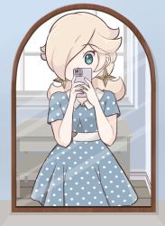 Rule 34 | 1girl, alternate costume, artist name, blue dress, blue eyes, border, casual, chocomiru, commentary, crown, unworn crown, drawer, dress, earrings, english commentary, hair over one eye, jewelry, looking at viewer, mario (series), nintendo, outside border, phone, polka dot, polka dot background, polka dot dress, rosalina, short sleeves, smile, solo, standing, super mario galaxy, white border