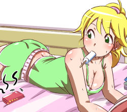 Rule 34 | 1girl, bad id, bad pixiv id, blonde hair, breasts, cellphone, cleavage, food, green eyes, hoshii miki, idolmaster, idolmaster (classic), large breasts, lying, natsumi hajime, on stomach, phone, ponytail, popsicle, solo, sweat