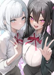 Rule 34 | 2girls, black hair, black skirt, blush, bow, bowtie, breasts, collared shirt, grey eyes, grey hair, hair ornament, hairclip, hand up, highres, large breasts, long hair, long sleeves, looking at viewer, luse maonang, multiple girls, open mouth, original, pink eyes, red bow, red bowtie, shirt, shirt tucked in, skirt, smile, twintails, v, white shirt