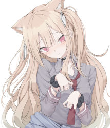 Rule 34 | 1girl, absurdres, animal ear fluff, animal ears, black choker, black wrist cuffs, blonde hair, blue sweater, blush, bracelet, cat ears, choker, claw pose, clothes around waist, commentary, embarrassed, grey shirt, hair ribbon, head tilt, highres, jewelry, long hair, long sleeves, looking at viewer, necktie, original, red eyes, red necktie, ribbon, shinigami (tukiyomiikuto), shirt, simple background, solo, sweater, sweater around waist, two side up, upper body, white background, white ribbon, wrist cuffs