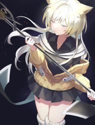 Rule 34 | 1girl, animal ears, arknights, black background, black shirt, black skirt, blonde hair, blue eyes, blush, cat ears, commentary, cowboy shot, geta (epicure no12), hair ornament, heterochromia, highres, holding, holding staff, long hair, looking away, looking to the side, nightmare (arknights), pleated skirt, shirt, skirt, solo, staff, sweater, thighhighs, thighs, white background, white thighhighs, yellow eyes, yellow sweater
