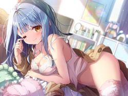 Rule 34 | 1girl, bare arms, bed sheet, bedroom, blue hair, blunt bangs, book, bookshelf, bottomless, bra, breasts, brown eyes, brown hair, camisole, cardigan, cleavage, closed mouth, drawing (object), hair ribbon, highres, indoors, lace, lace-trimmed bra, lace trim, long hair, looking at viewer, lying, matokechi, medium breasts, mirror, navel, non-web source, on bed, on stomach, one eye closed, original, pillow, pink bra, pink camisole, ribbon, sidelocks, smile, solo, stuffed animal, stuffed toy, sunlight, television, thighhighs, underwear, window
