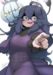 Rule 34 | 1girl, @ @, absurdly long hair, ahoge, black hair, breasts, chandelure, crazy eyes, creatures (company), dress, fingernails, game freak, gen 5 pokemon, hair between eyes, hairband, hands up, hex maniac (pokemon), highres, index finger raised, john (a2556349), long hair, long sleeves, looking at viewer, medium breasts, nail polish, nintendo, open mouth, pokemon, pokemon xy, purple eyes, purple hairband, purple nails, very long hair, white background