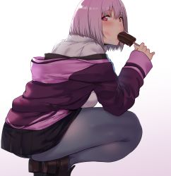 Rule 34 | 10s, 1girl, absurdres, black panties, blush, bow, breasts, brown footwear, collared shirt, fellatio, food, food in mouth, from behind, grey pantyhose, gridman universe, hews, highres, holding, holding food, jacket, large breasts, light purple hair, loafers, long sleeves, looking at viewer, looking back, off shoulder, oral, panties, panties under pantyhose, pantyhose, pleated skirt, popsicle, popsicle in mouth, purple jacket, red eyes, school uniform, shinjou akane, shirt, shoes, short hair, simulated fellatio, skirt, solo, squatting, ssss.gridman, tareme, underwear, white shirt