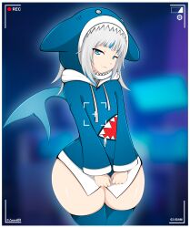 Rule 34 | 1girl, blue eyes, clothes, curvy, fins, fish tail, gawr gura, grey hair, highres, hololive, hololive english, naughty face, shark girl, shark tail, solo, sweater, tail, thick thighs, thighhighs, thighs, tight clothes, viewfinder, virtual youtuber, wide hips, zonen404