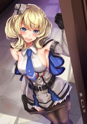 Rule 34 | 1girl, black gloves, black pantyhose, blonde hair, blouse, blue eyes, blue necktie, blush, braid, breasts, capelet, colorado (kancolle), dress, elbow gloves, garrison cap, gloves, grey dress, hat, head tilt, headgear, highres, kantai collection, knocking, large breasts, looking at viewer, narushima kanna, necktie, open door, open mouth, pantyhose, pantyhose tug, pleated dress, pov, sex toy, shirt, short hair, side braids, sideboob, sidelocks, sleeveless, solo, tearing up, twin braids, vibrator, vibrator under clothes, white shirt