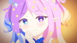 Rule 34 | :3, blonde hair, blue dress, blue eyes, blue hair, blush, close-up, commentary, demon horns, dress, emberlith, fang, gradient hair, hand on own chin, heterochromia, horns, indie virtual youtuber, looking at viewer, magical girl, multicolored hair, patrick fche, pink hair, pointy ears, portrait, purple eyes, purple hair, spanish commentary, star-shaped pupils, star (symbol), starry sky print, symbol-shaped pupils, virtual youtuber